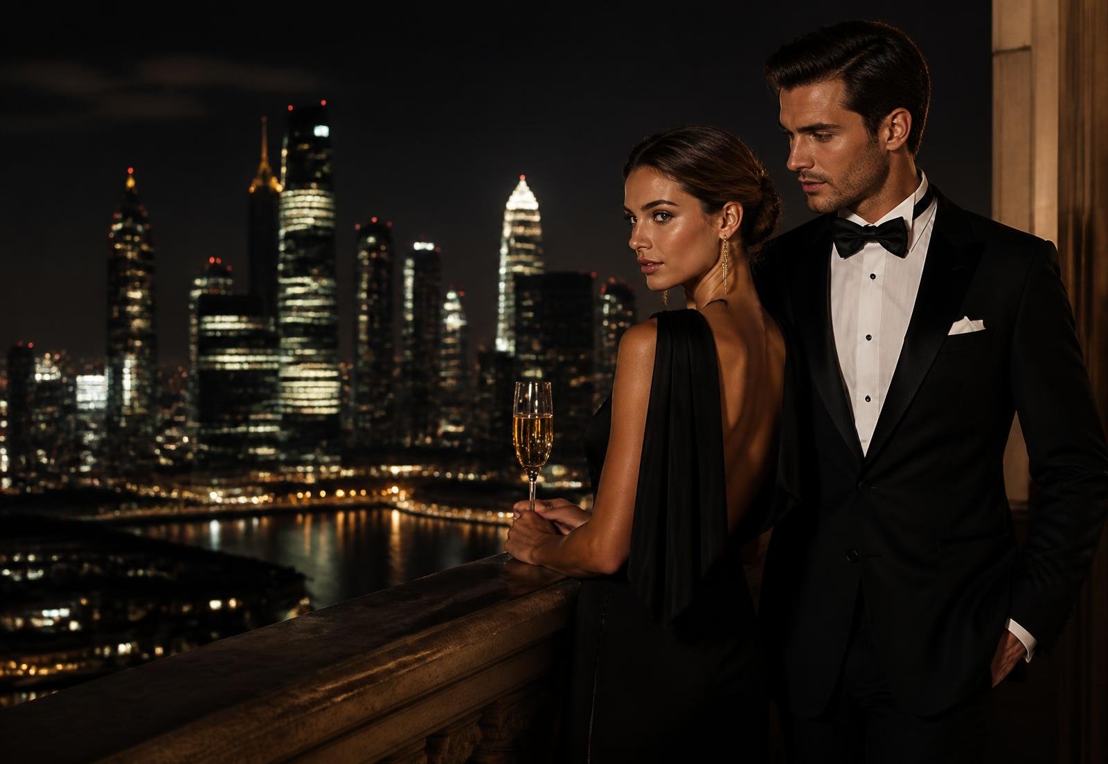 Affluent couple overlooking a financial district skyline at night